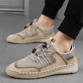 Spring Summer Leather Mesh Casual Shoes Men Slip on Elastic Band Low Top Sneaker Fashion Round Toe Solid High Quality Breathable (Color: Beige, size: 43)