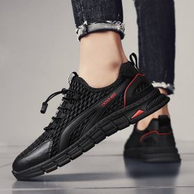 Spring Summer Leather Mesh Casual Shoes Men Slip on Elastic Band Low Top Sneaker Hollow Round Toe Solid High Quality Breathable (Color: Black, size: 39)