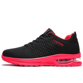 Running Shoes New Cheap Mesh Breathable Unisex Air Sole Women Sports Shoes Lace-up Men Outdoor Sneakers Walki (Color: black red, size: 42)