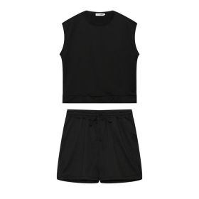 2022 summer solid loose bat short sleeve T-shirt shorts sportswear suit women's wear (Color: Black, size: M)