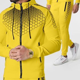 Autumn and winter zippered sportswear men's hooded coat electronic honeycomb casual suit (Color: Yellow, size: L)