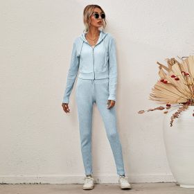 Autumn and Winter New Women's Solid Color Hooded Cardigan Long Sleeve Zipper Casual Suit (Color: Sky blue, size: S)