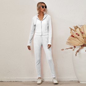 Autumn and Winter New Women's Solid Color Hooded Cardigan Long Sleeve Zipper Casual Suit (Color: White, size: XL)